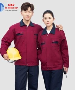 Đồng phục bảo hộ lao động màu đỏ đô phối xanh navy