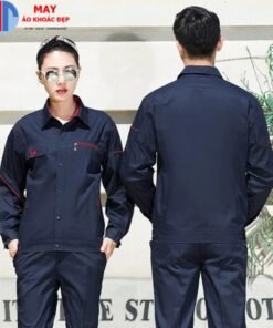 Đồng phục bảo hộ lao động màu xanh tím than đậm phối đỏ đô